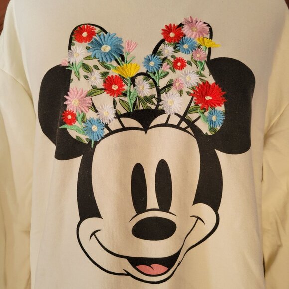 Disney Minnie Mouse Womens Crewneck Sweatshirt W/ Floral Embroidery Graphic Ivor - Picture 2 of 7